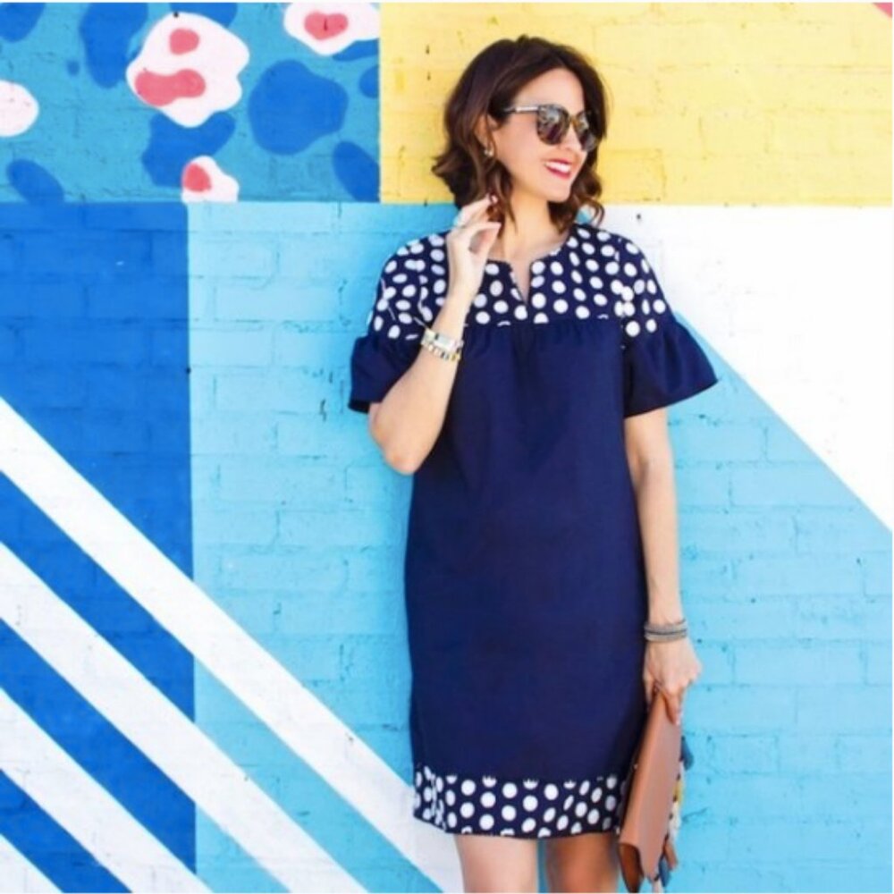 J. Crew Tall Fringe Dot Navy Blue White Dress